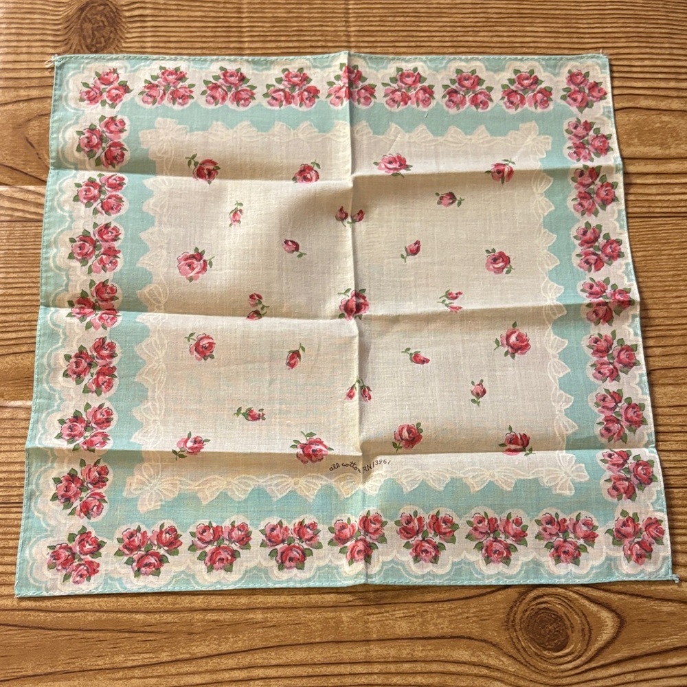 Vintage 1950s Floral Handkerchief with Light Baby Blue Pink Roses & Bows